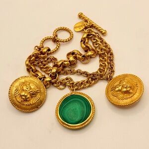 Julie Vos Substatial Lion & Malachite Medallion Triple Strand Chain Bracelet 7.5